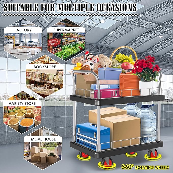 2 Shelf Utility Service Cart- 660lbs Capacity Heavy-Duty Plastic Rolling - Image 5