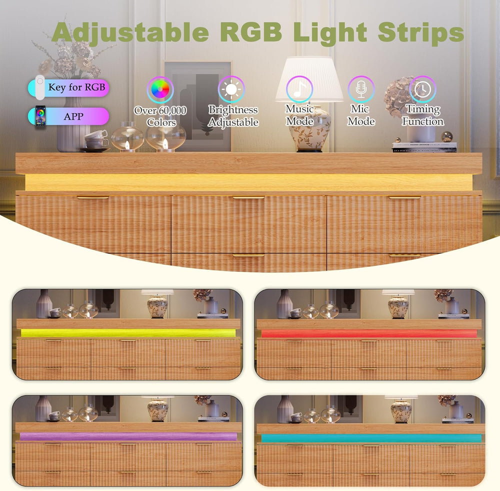 Fluted 9 Drawer Dresser LED Lights & Charging Station, Natural Oak