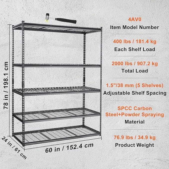 VEVOR Storage Shelving Unit, 5-Tier Adjustable, 2000 lbs Capacity, Heavy Duty - Image 8