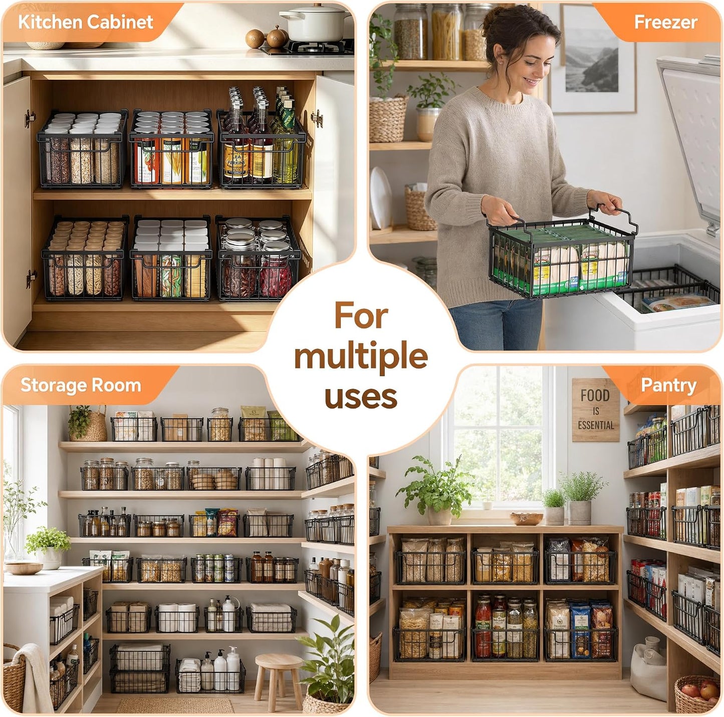 Freezer Organizer Bins, 3 Pack Enlarged Baskets for 5-9 Cu.FT Deep Freezer | Stackable Chest Freezer Organizer Bins, Foldable with Handles, Black Storage Container Baskets for Sort Frozen Meats