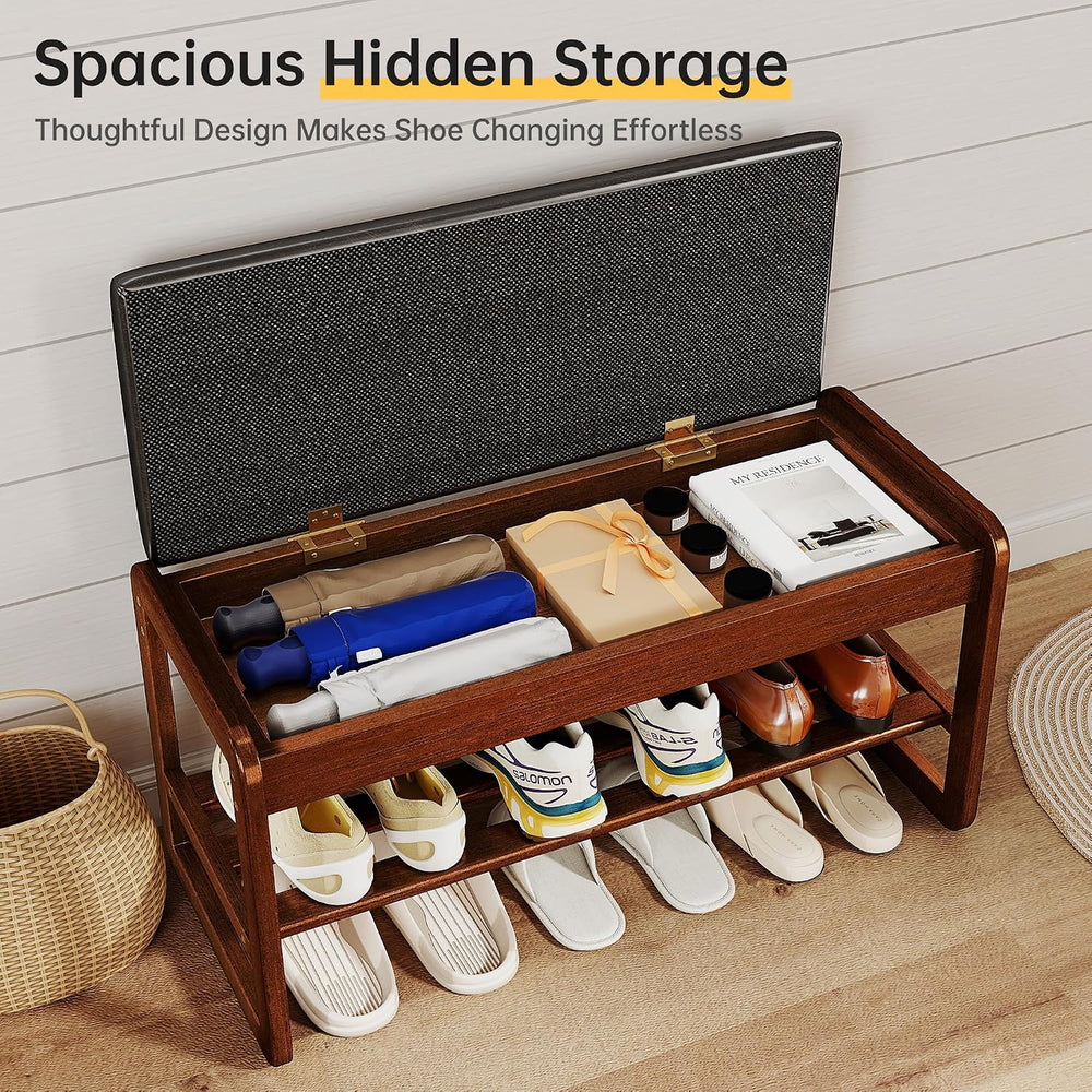 Shoe Rack Bench with Flip-Top Storage, Solid Rubberwood 2-Tier Shoe Organizer...