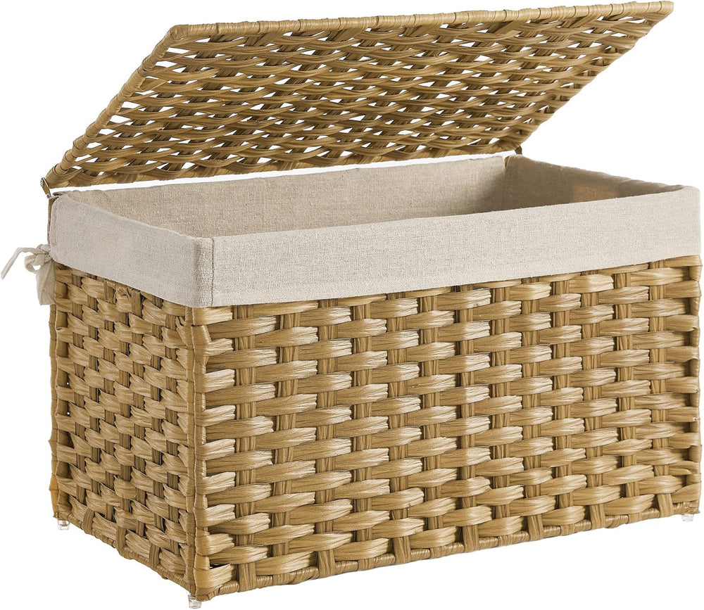 SONGMICS Woven Storage Basket with Lid, 17.2 Gallon (65L), Foldable