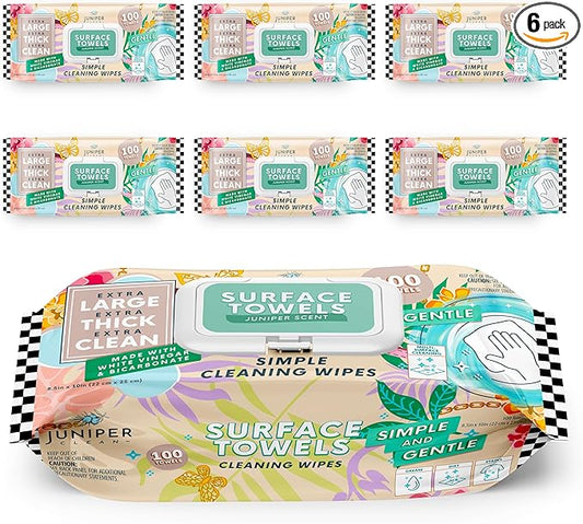 6 Packs Surface Cleaning Wipes Bleach Free, Thick & Large Dispose, All-Purpose by JuniperCLEAN