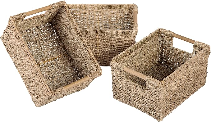 Natural Seagrass Basket with Wooden Handle, Medium Rectuangular Wicker Basket by VATIMA