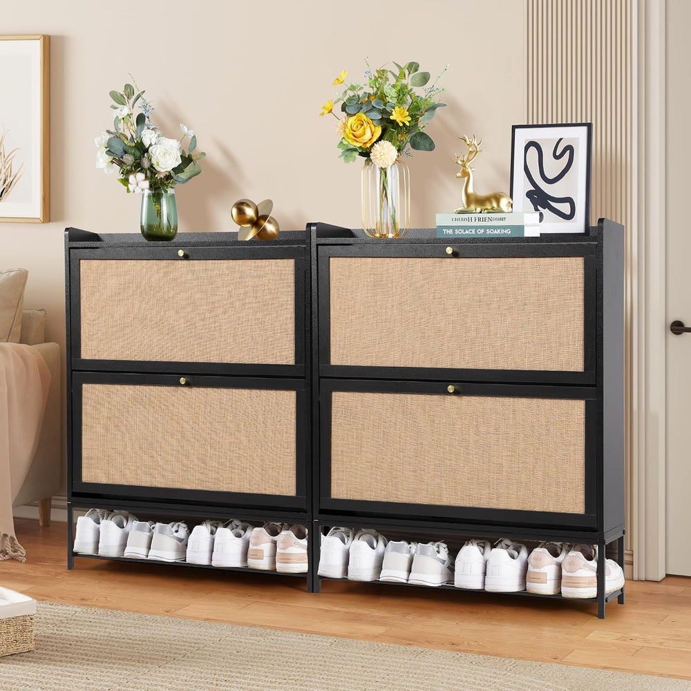 LEVNARY Shoe Storage Cabinet with 2 Flip Drawers, Wooden Narrow Shoe Cabinet ...