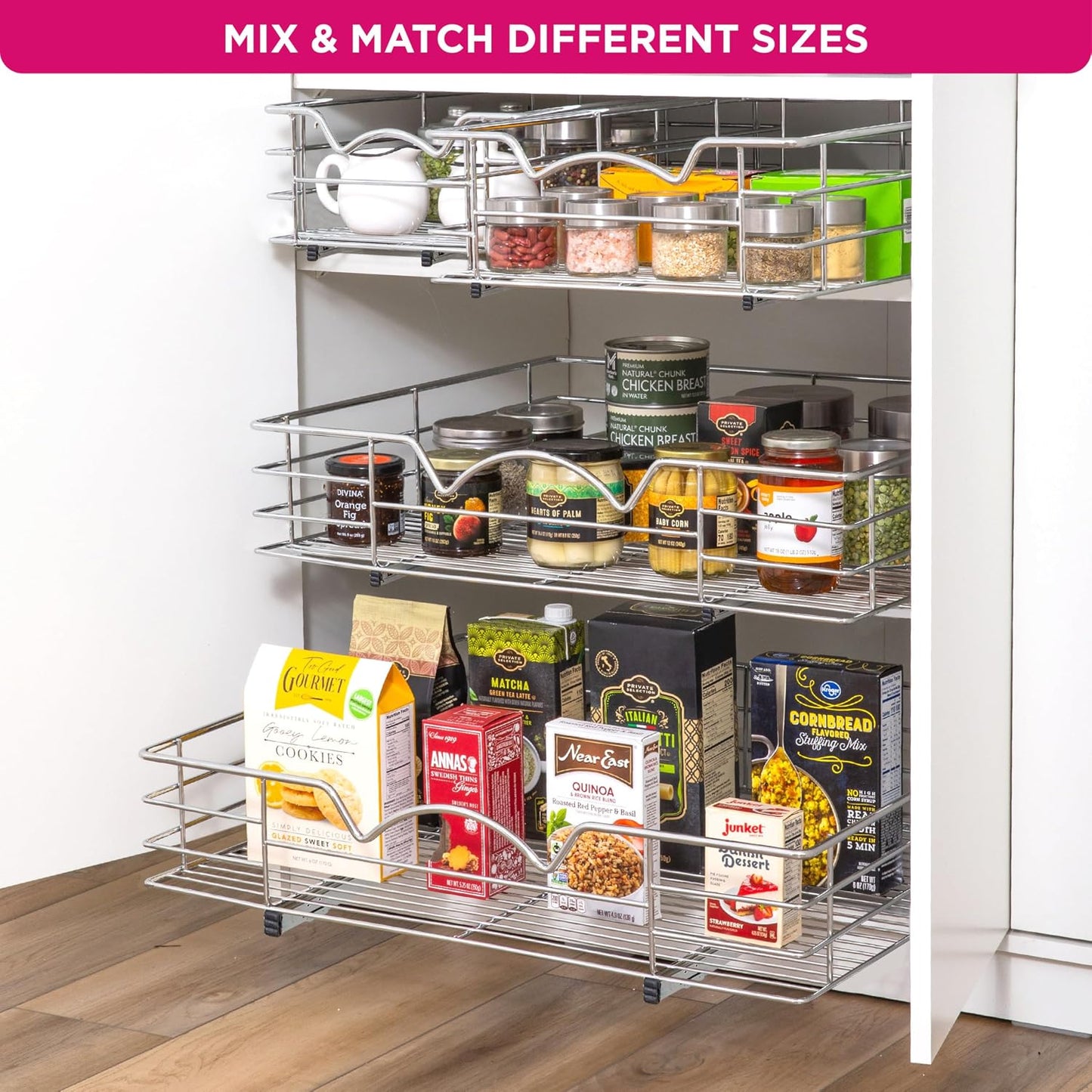 HOLDN’ STORAGE Pull Out Cabinet Organizer, Pantry Drawer, 28"W x 21"D x 5"H | Heavy-Duty Full-Extension, Roll Out Shelf for Pots, Pans & Under Sink Storage, Chrome, Require a 29.25"W Cabinet Opening