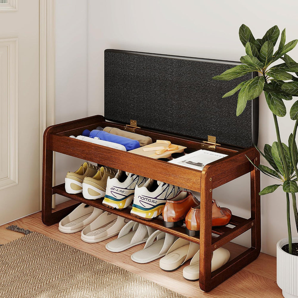 Shoe Rack Bench with Flip-Top Storage, Solid Rubberwood 2-Tier Shoe Organizer...