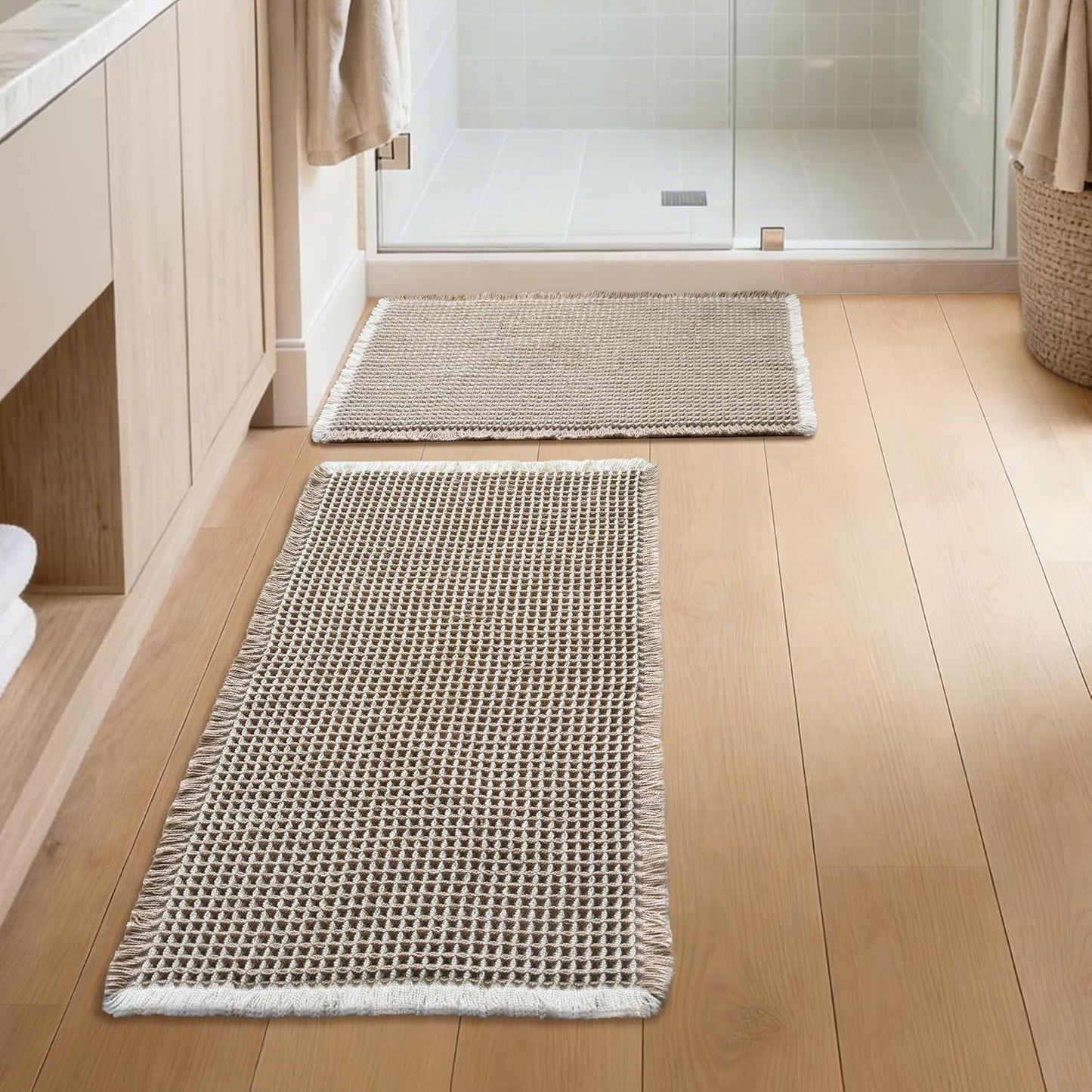 Bathroom Rugs Sets 2 Piece - Waffle Bath Mat Non Slip, Washable Bathroom Mats Absorbent Soft Boho Decor, Quick Dry Shower Mats, 2 Pack 18x30 Inch, Khaki and White