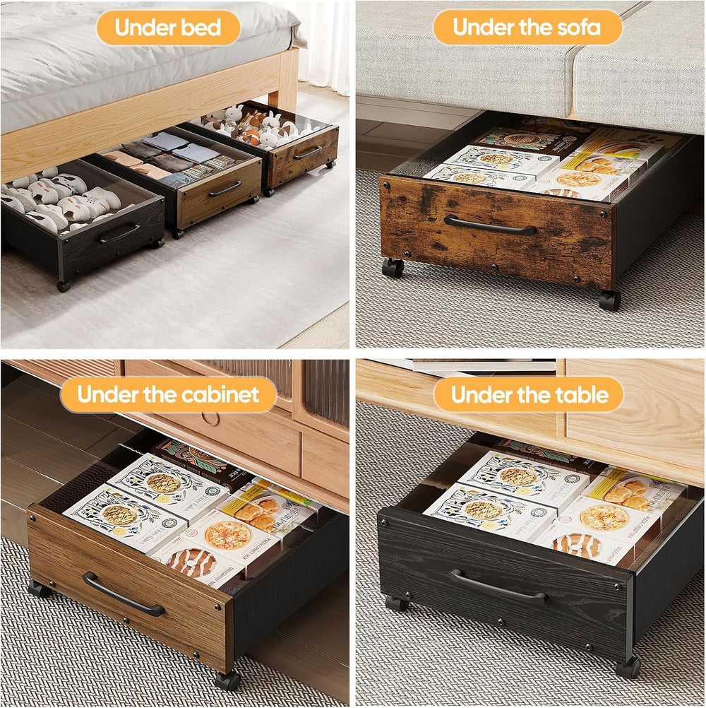 KITHELP Wooden Under Bed Storage with Wheels, Rolling Under the Bed Storage B...