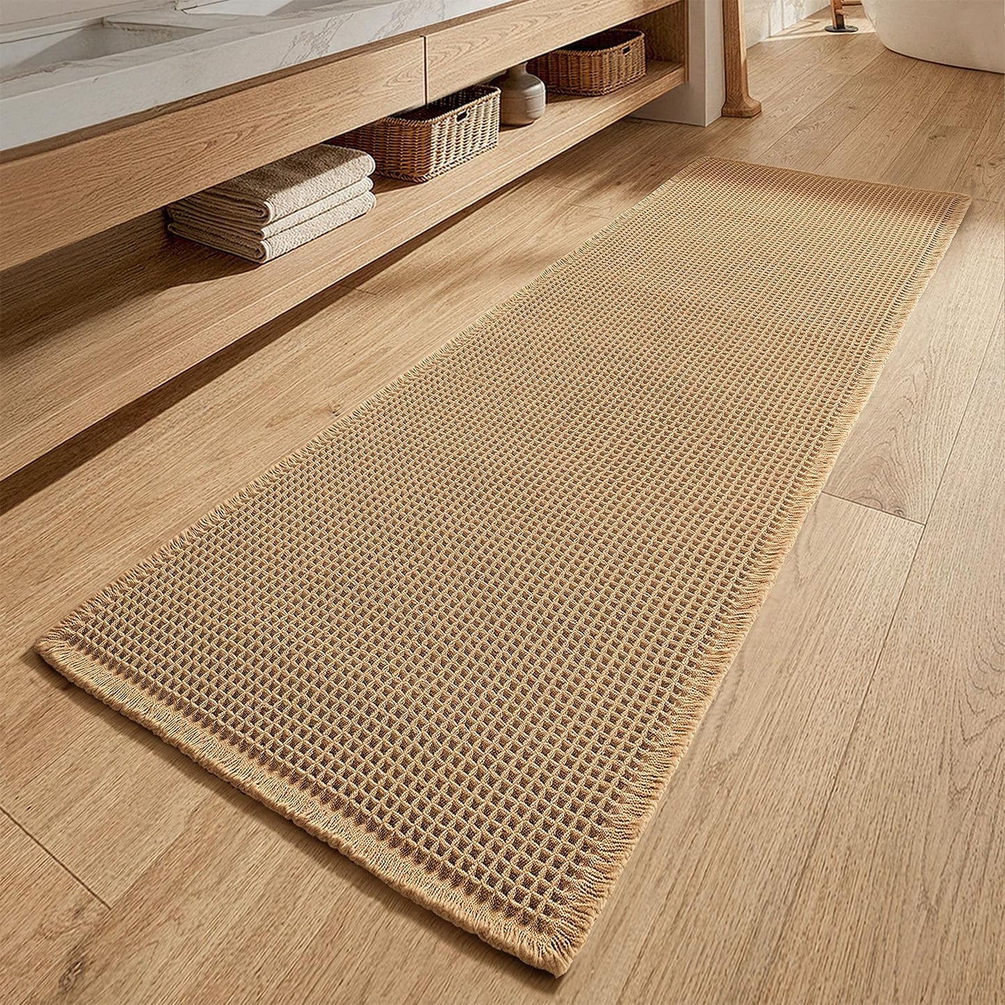 MIULEE Waffle Bathroom Runner Rugs, Super Absorbent Non Slip Bath Rug, Upgraded Soft Quick Dry Washable Boho Long Bath Mat with Tassels for Hallway Laundry Room Bedroom, 2'x6' (24"x72"), Brown