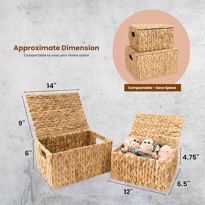 Wicker Storage Baskets with Lid, Set 2 Basket With Lid Decorative Storage - Image 2