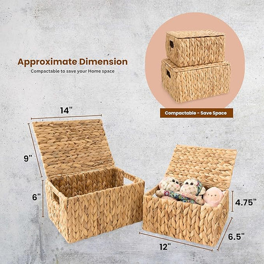 Wicker Storage Baskets with Lid, Set 2 Basket With Lid Decorative Storage - Image 2