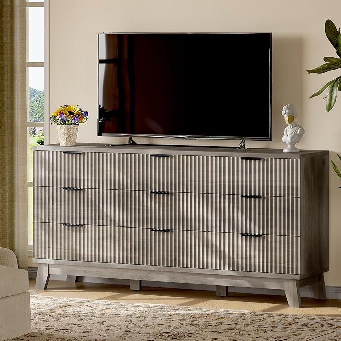 Fluted Dresser with 9 Drawers, Wooden Dresser TV Stand, Wood Closet Clothes - Image 7