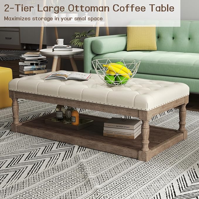 48" Large Ottoman with Storage Coffee Table, Upholstered Tufted Linen Ottoman - Image 4