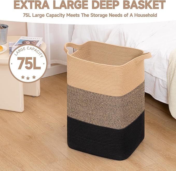 CLHMILY&Z 75L Laundry Basket Rectangular Black Jute Rope - Image 4
