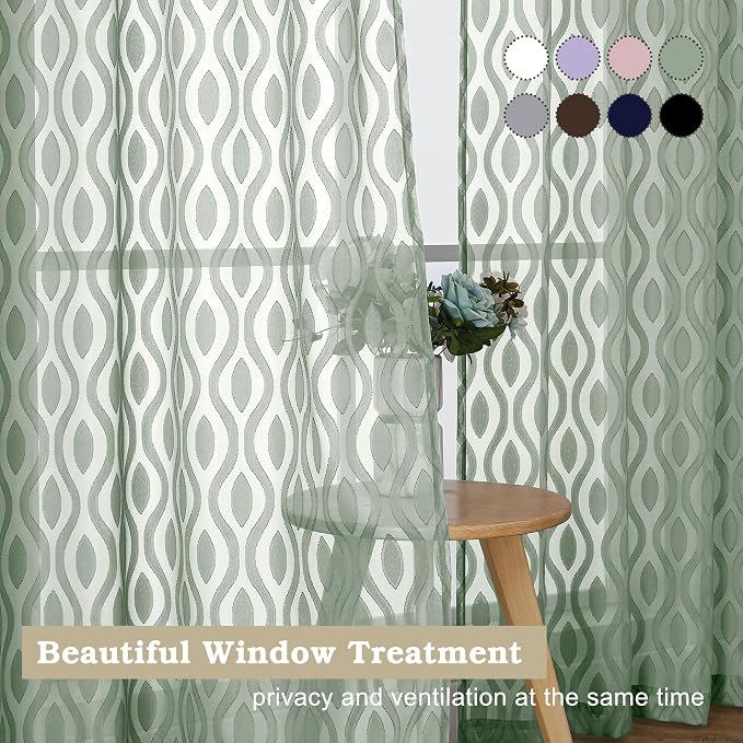 Aiyufeng Sheer Curtains 63 Inch Length 2 Panels Set, Solid Green Airy Light - Image 7