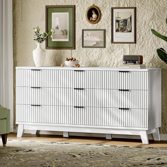 Fluted Dresser with 9 Drawers, Wooden Dresser TV Stand, Wood Closet Clothes - Image 3