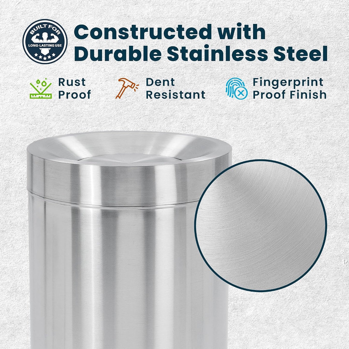 Alpine Swing Lid Commercial Stainless Steel Trash Can – Open Top 50-Gallon Heavy-Duty Garbage Can, Modern, Round, Large Waste Receptacle for Indoor Use High-Traffic Areas - Brushed Silver