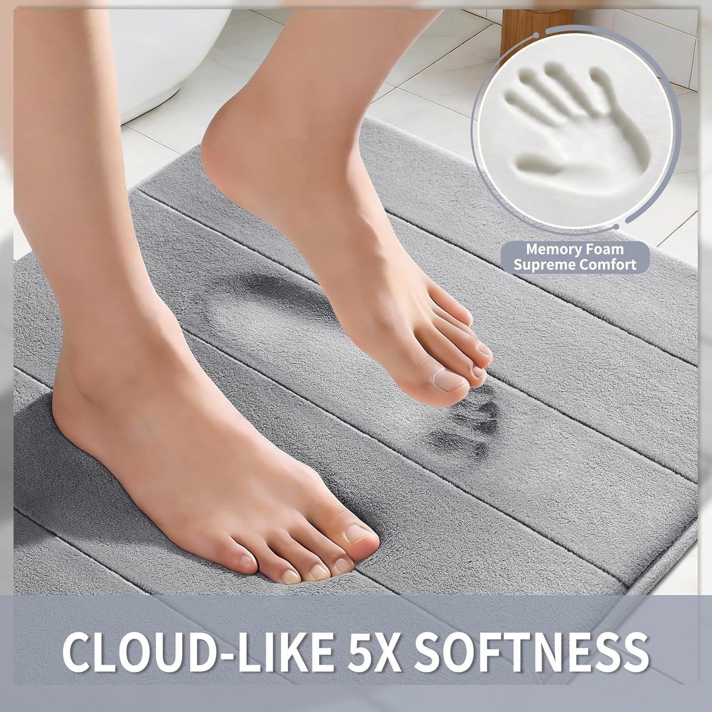 Yimobra Memory Foam Bath Mat, Super Soft Absorbent Bathroom Rug Non Slip, Quick Dry, Machine Washable Floor Carpet for Tub Shower, Home Decor Accessories, 24x17, Grey
