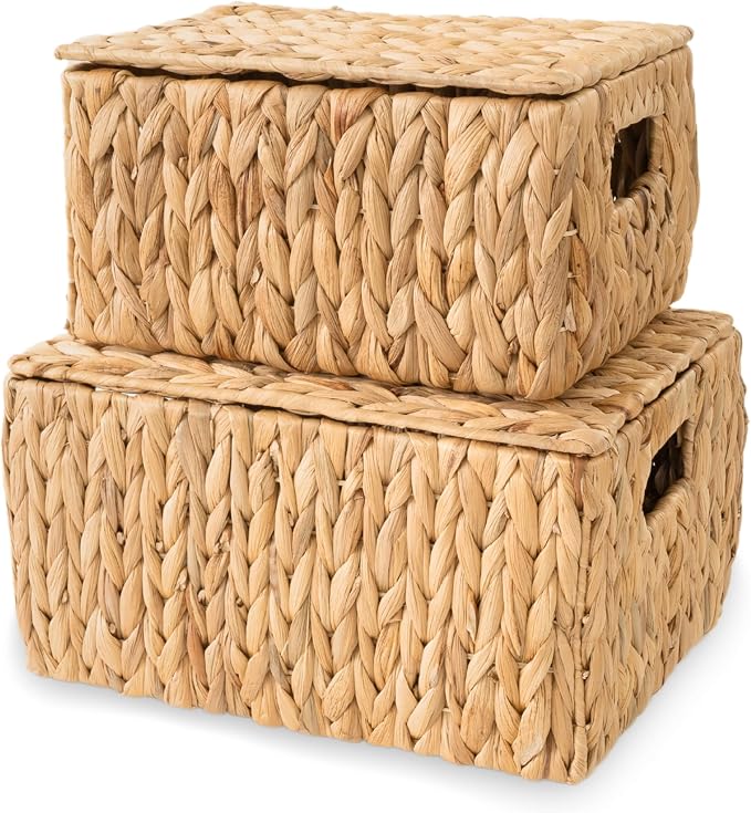 Wicker Storage Baskets with Lid, Set 2 Basket With Lid Decorative Storage - Image 7