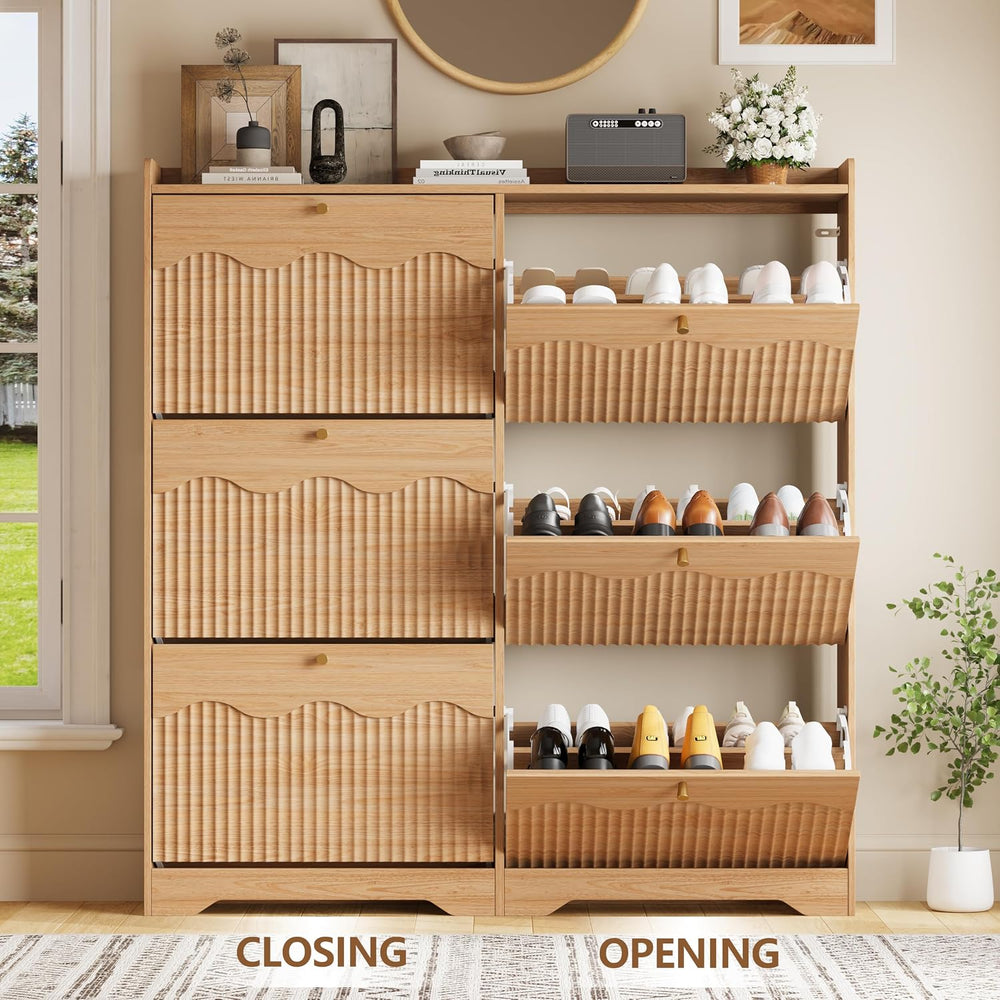 BORNOON Large Shoe Storage Cabinet with 6 Flip Drawers and Modern Wave-Edge F...