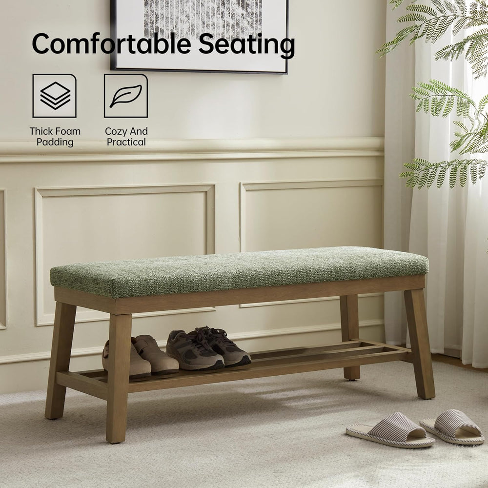 VKNOW Entryway Bench, Storage Shoe Bench with Rubberwood Legs, Green