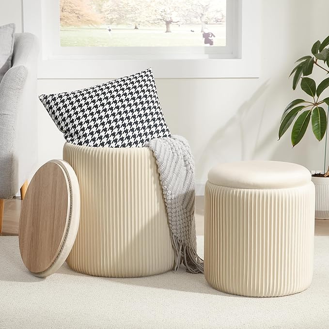 Round Ottoman with Storage Set of 2, Vanity Stool with Storage by RoyalWindsor
