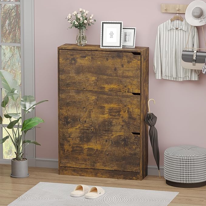 Shoe Cabinet with 3 Flip Drawers, Hidden Wood Shoe Cabinet, Freestanding Shoe - Image 3