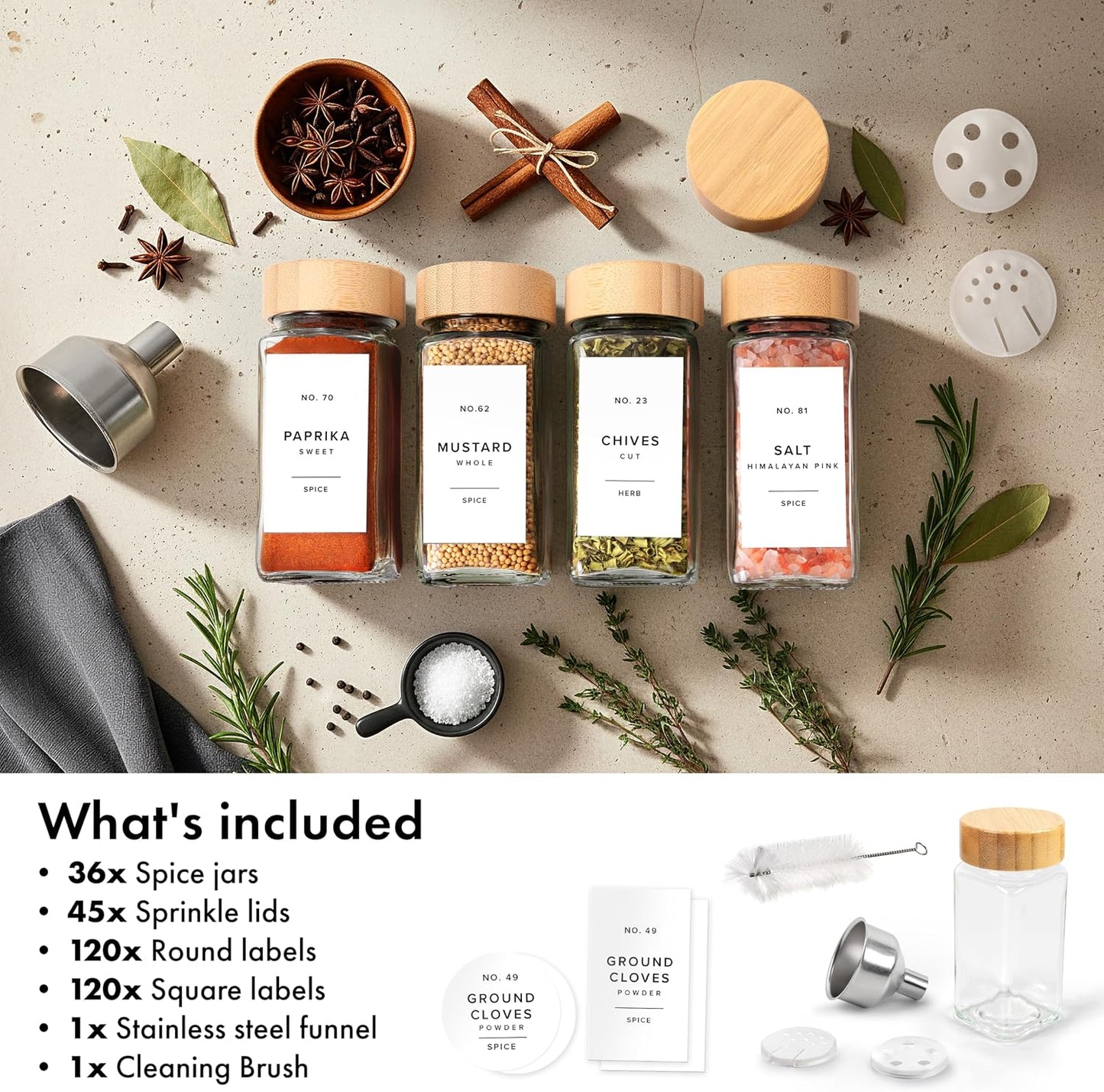 Glass Spice Jars with Label, 36x Bamboo Wooden Lids - White Labels | Airtight Lids keep spices fresh, Kitchen Spice Drawer Organizer, 4oz Seasoning Containers incl. Funnel, Brush & 240 Labels