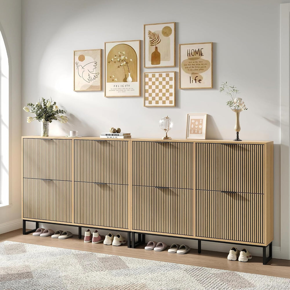 Modren Shoe Cabinet with 4 Flip Drawers and Metal Legs, Walnut丨Narrow Wood Sh...