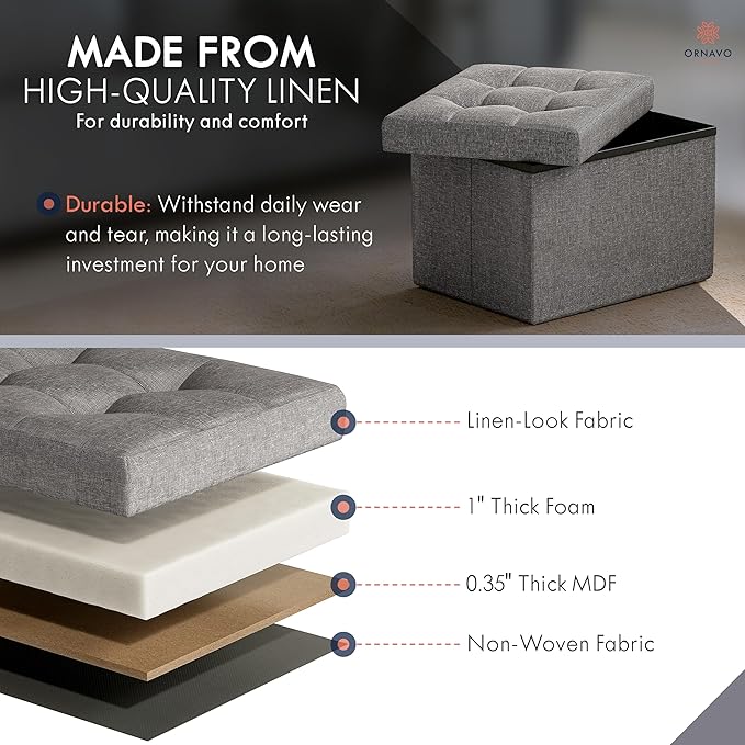 Ornavo Home Small Storage Ottoman Foldable Collapsible Rectangle Linen Ottoman - Image 4