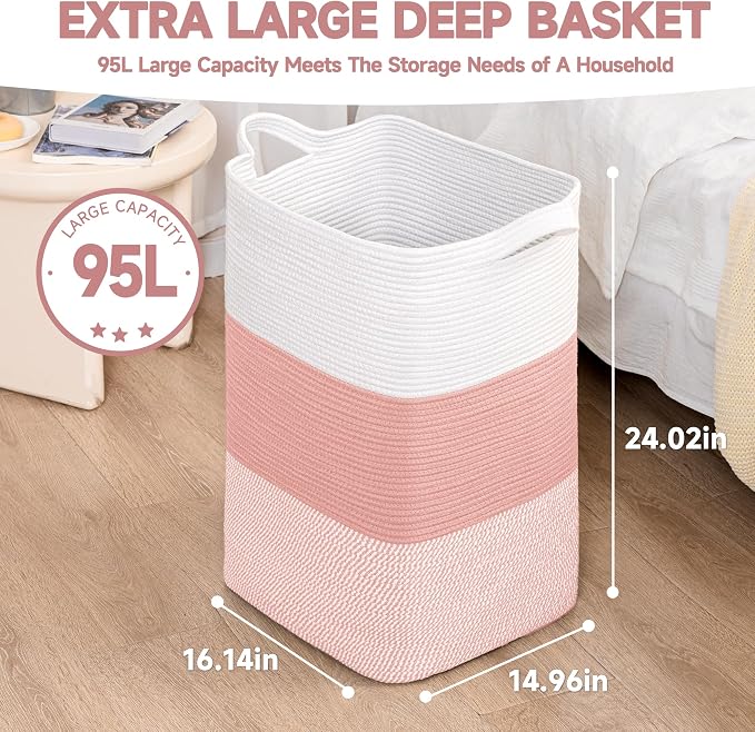 CLHMILY&Z 95L Laundry Basket Rectangular Pink Rope - Image 6