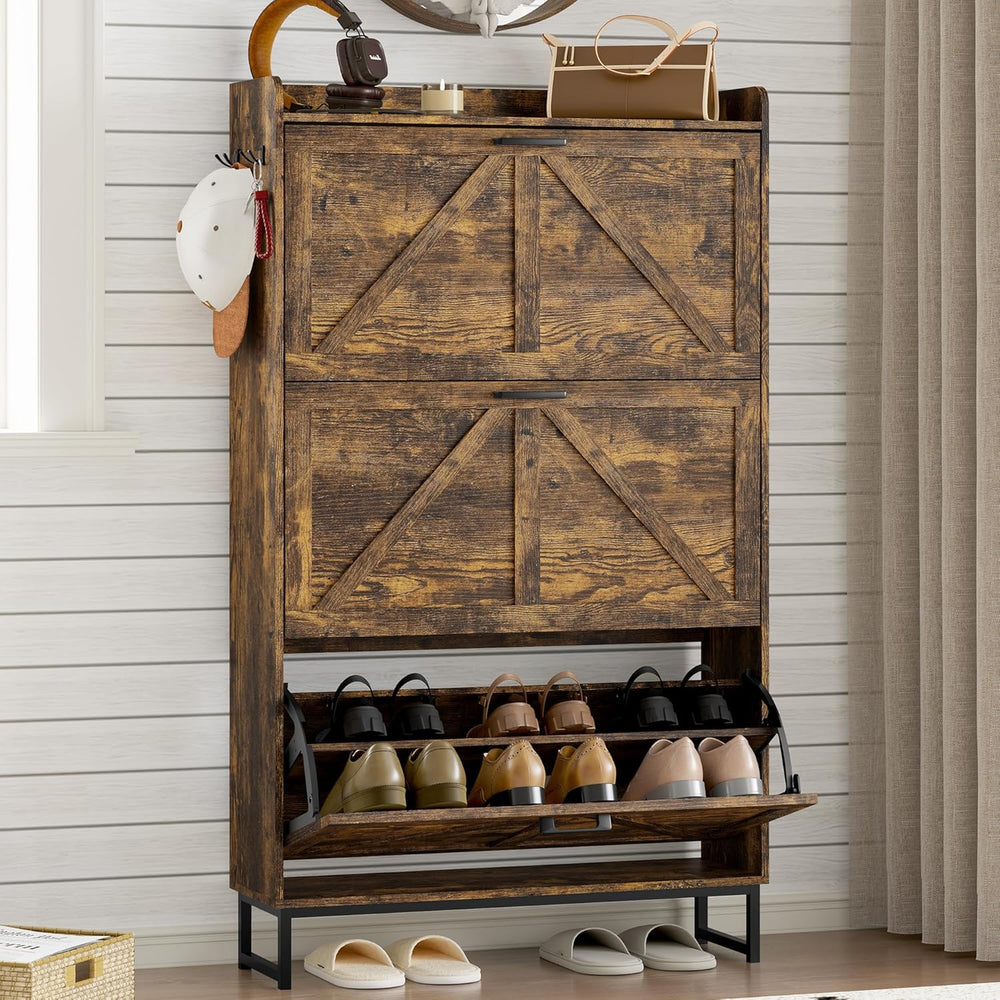 BORNOON Shoe Cabinet with 3 Flip Drawers Narrow Shoe Storage Cabinet Organize...