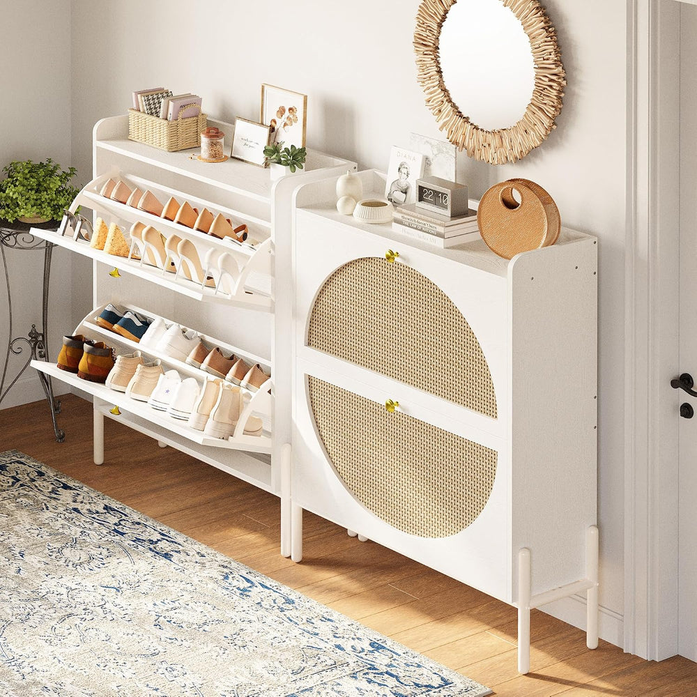 IRONCK Rattan Shoe Cabinet Storage with 2 Flip Drawers, White