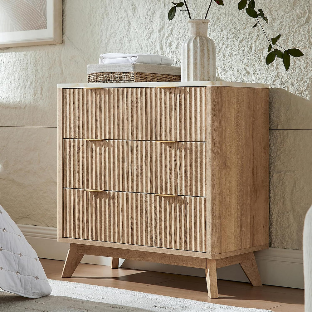 T4TREAM 32" Tall Fluted 3 Drawer Dresser for Bedroom, Natural Oak