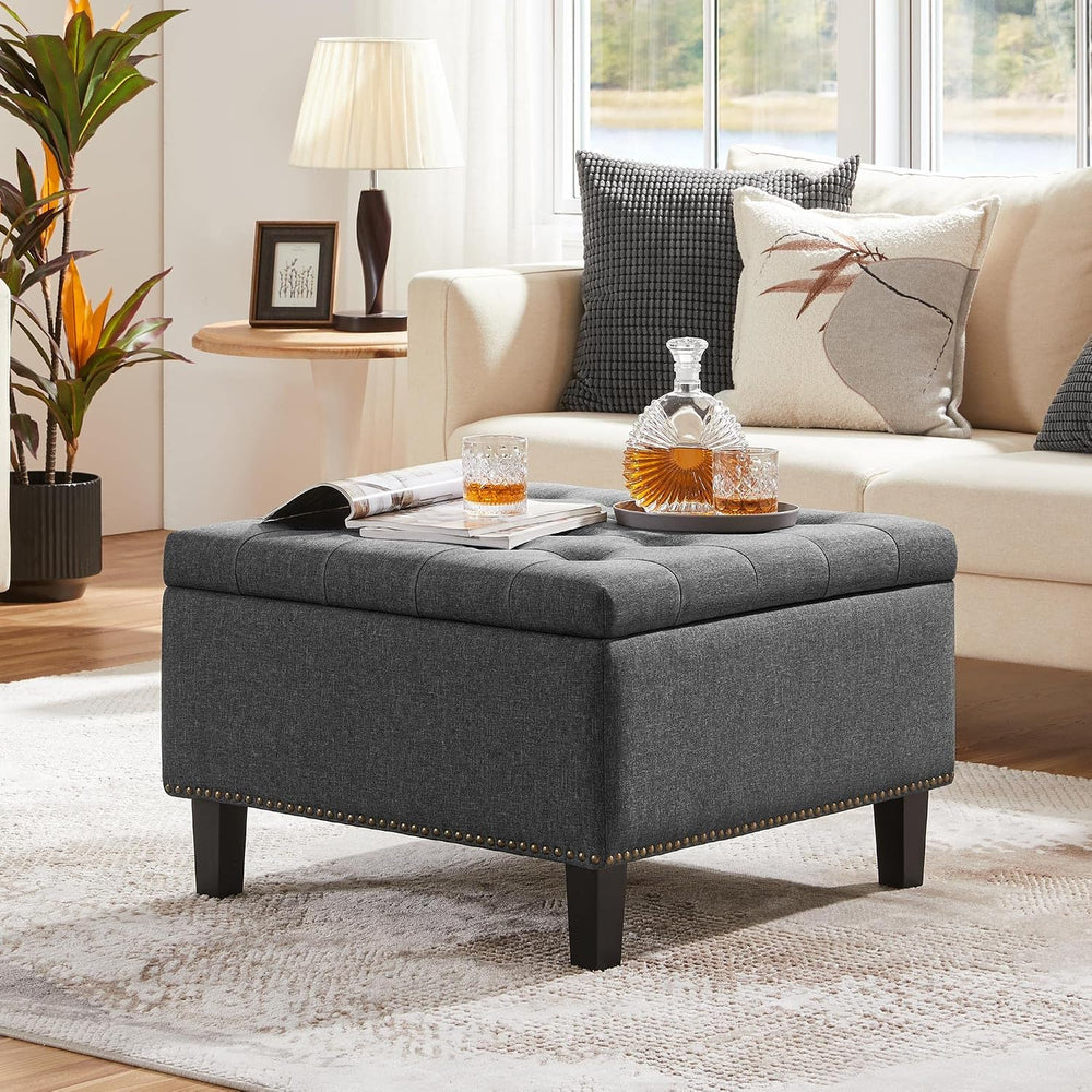 Yaheetech 28in Square Storage Ottoman Coffee Table with Nailhead, Dark Gray