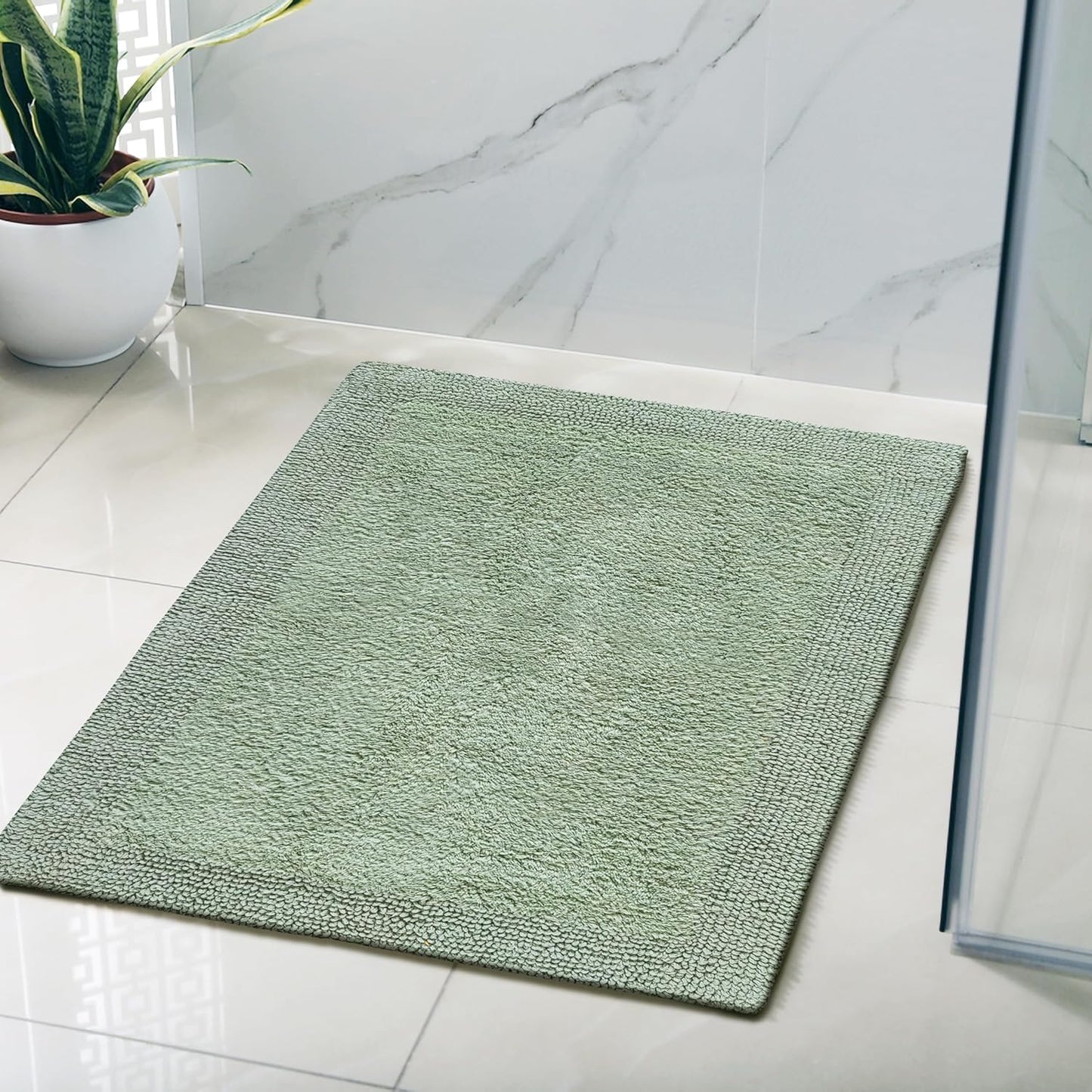 Cotton Reversible Bath Mat 20x32 Inch Sage Green, 100% Cotton Bathroom Rug, Soft Absorbent, Anti Skid, Machine Washable Bathmat for Shower, Tub, Entryway
