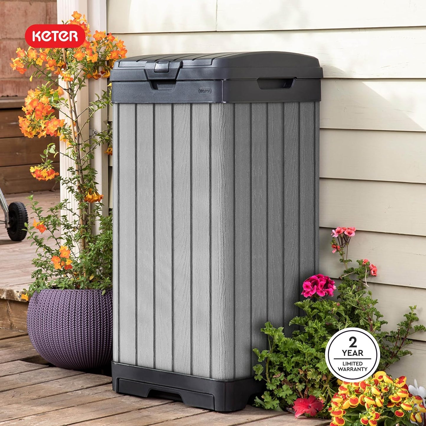 Keter Darwin Outdoor Trash Can, 38 Gallon Weather-Resistant Resin Waste Bin with Lid, Wood-Look Design for Patio, Deck, Porch & Backyard