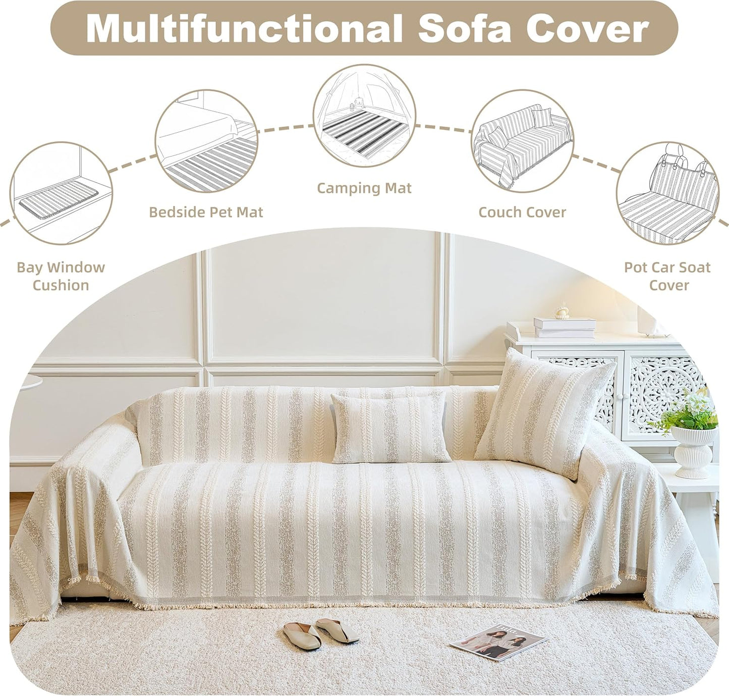 Couch Cover for Dogs Washable Sofa Cover, Sectional Couch Covers, Sofa Covers for 2 Cushion Couch, Non Slip Stripe Sofa Slipcovers Furniture Protector (Beige, 71x102)