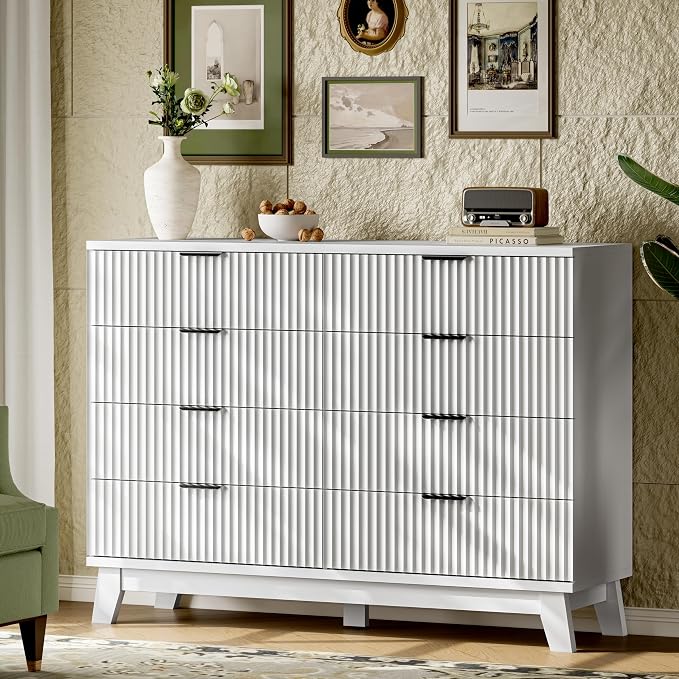 Fluted Dresser with 8 Drawers, Wooden Dresser TV Stand, Wood Closet Clothes - Image 3