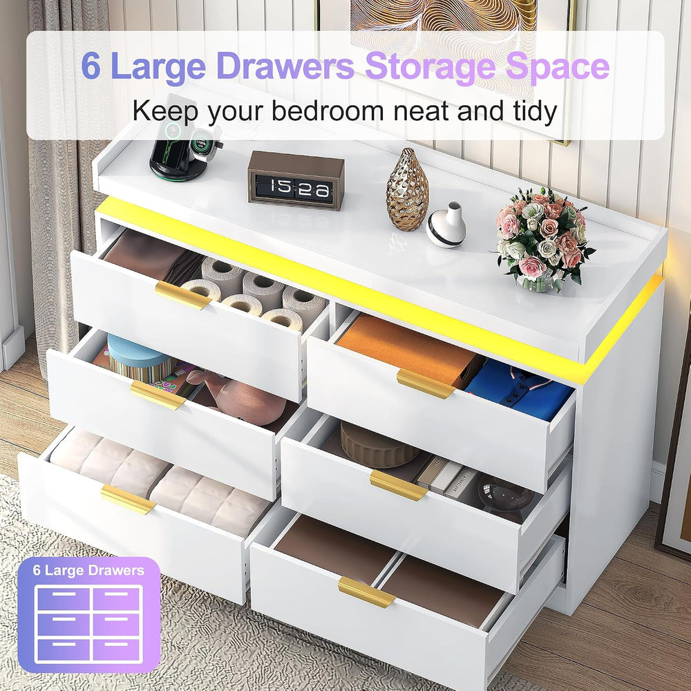 UNIQUITE 6 Drawer Dresser for Bedroom, White Dresser with LED Lights and Powe...