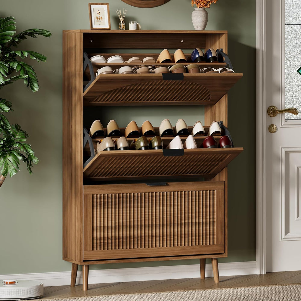Xixini Shoe Storage Cabinet with 3 Flip Drawers, 50" Tall Narrow Wood Fl...