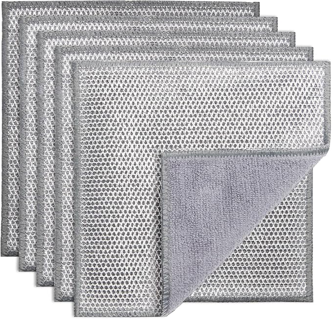 2 in 1 Stainless Steel Scrubber & Microfiber Cleaning Cloth, 5 Pack Towel & by PIPUHA