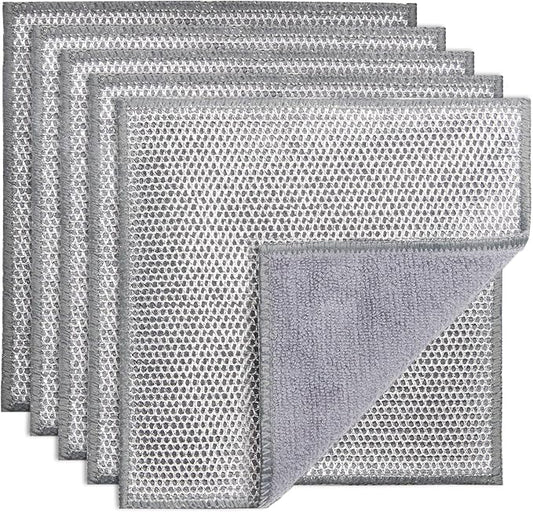 2 in 1 Stainless Steel Scrubber & Microfiber Cleaning Cloth, 5 Pack Towel & by PIPUHA