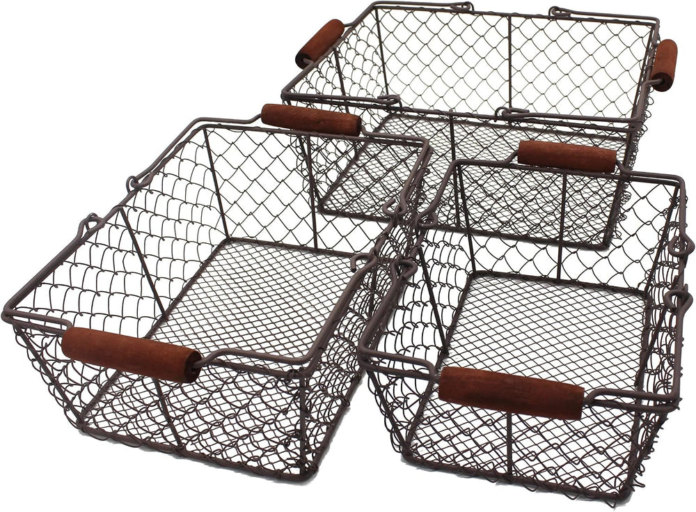 CVHOMEDECO. Primitive Chicken Wire Gathering Baskets with Wood Handle Rectang...