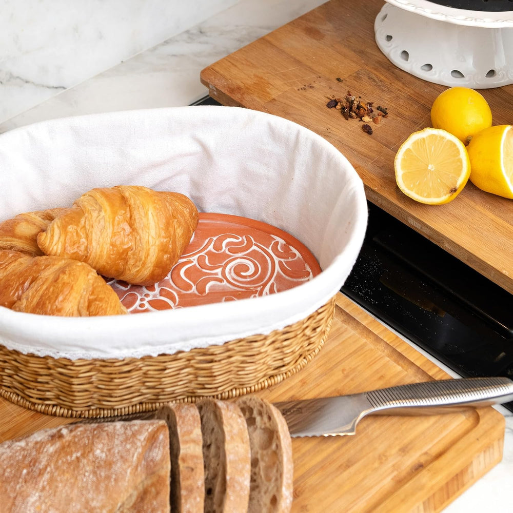 Bread Basket with Warmer – Woven Bread Basket with Terracotta Warming Stone, ...