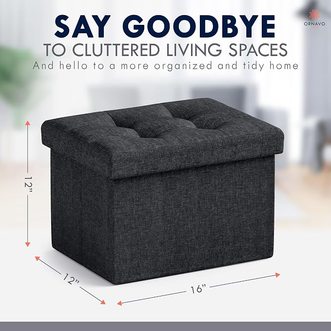 Ornavo Home Small Storage Ottoman Foldable Collapsible Rectangle Linen Ottoman - Image 2