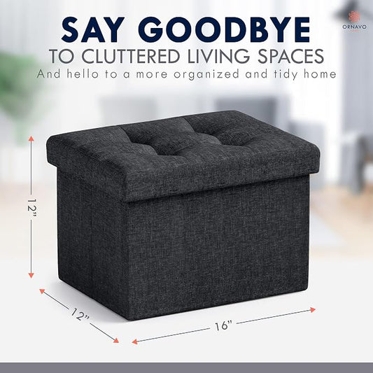 Ornavo Home Small Storage Ottoman Foldable Collapsible Rectangle Linen Ottoman - Image 2