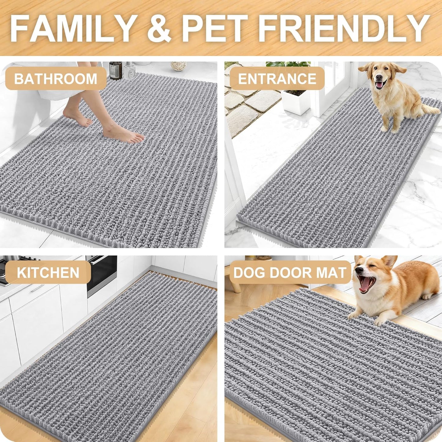 OLANLY Bathroom Rug Mat 30x20, Thick Soft and Absorbent Chenille Bath Mat, Non-Slip Rubber Backing, Machine Washable Quick Dry Bath Rugs for Tub Shower Floor, Home Decor Accessories, Grey