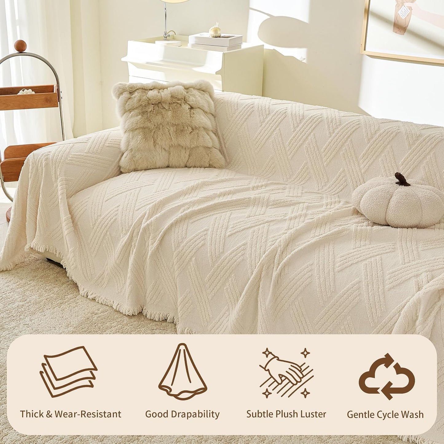 Couch Covers for Dogs, Sofa Covers for 2 Cushion Couch, Plush Couch Blanket Cover Sectional Washable, Sofa Slipcover Protector, Slip Covers for Sofas High Weight Warm, Chevron Cream, 71" ×102"